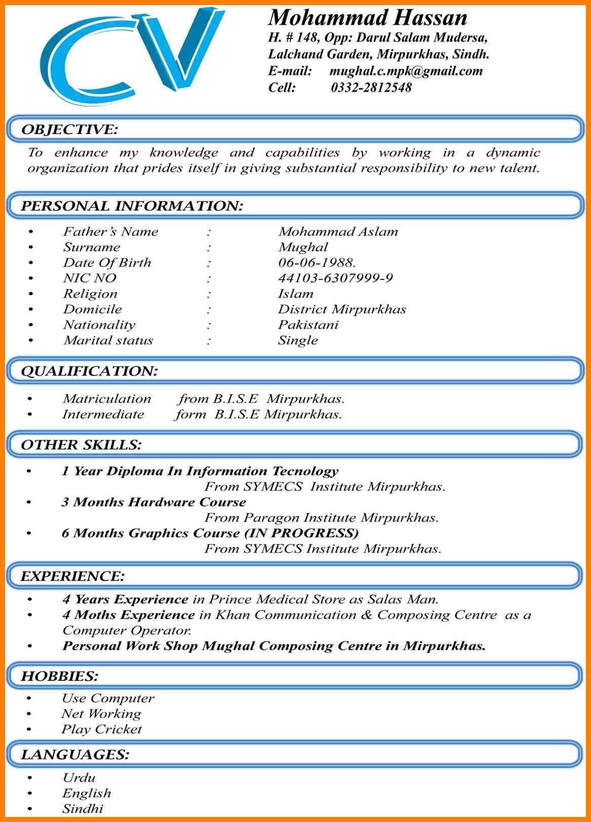 Best Latest CV Format in Pakistan With New Updates