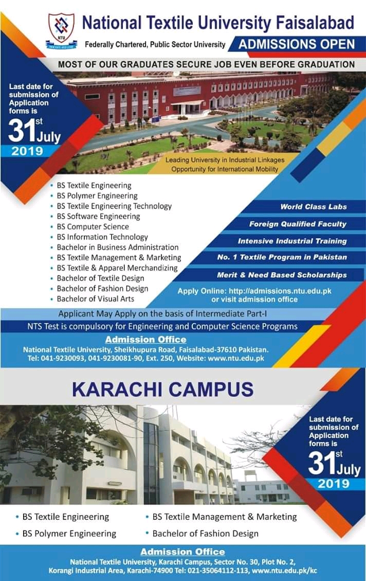NTU Faisalabad Undergraduate Program Admission 2019 Apply Online