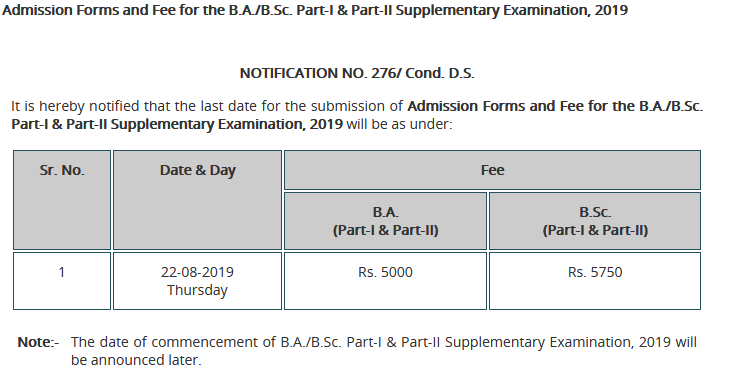 Punjab University BA BSc Supplementary Exam Schedule 2021 Fee Structure