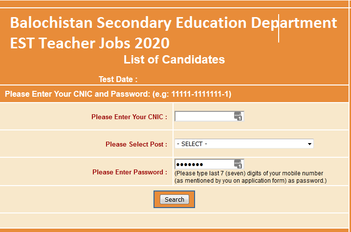 Balochistan Secondary Education Department EST Teacher Jobs 2021 NTS Roll No Slips Online Download