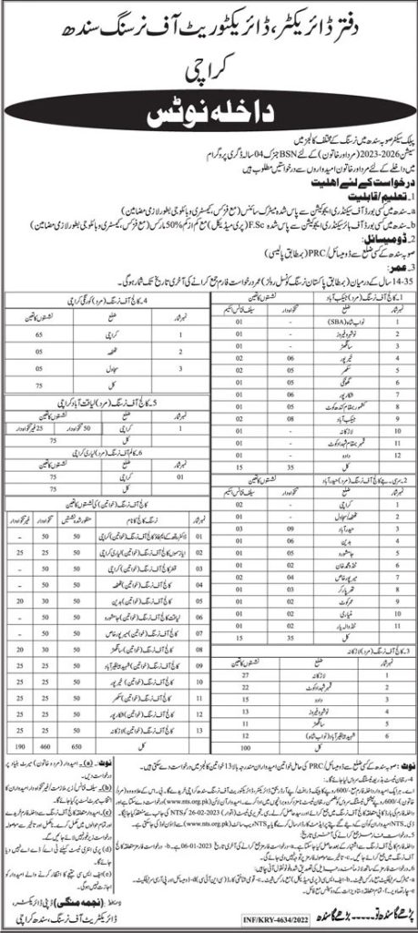 Directorate Of Nursing Sindh Karachi NTS Admission 2023 Apply Online