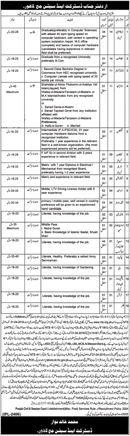District & Session Court Lahore NTS Jobs 2019 Application Form Roll Number Slip