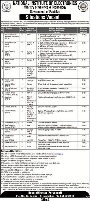 National Institute of Electronics CTS Jobs 2019 Online Application Form Roll No Slips