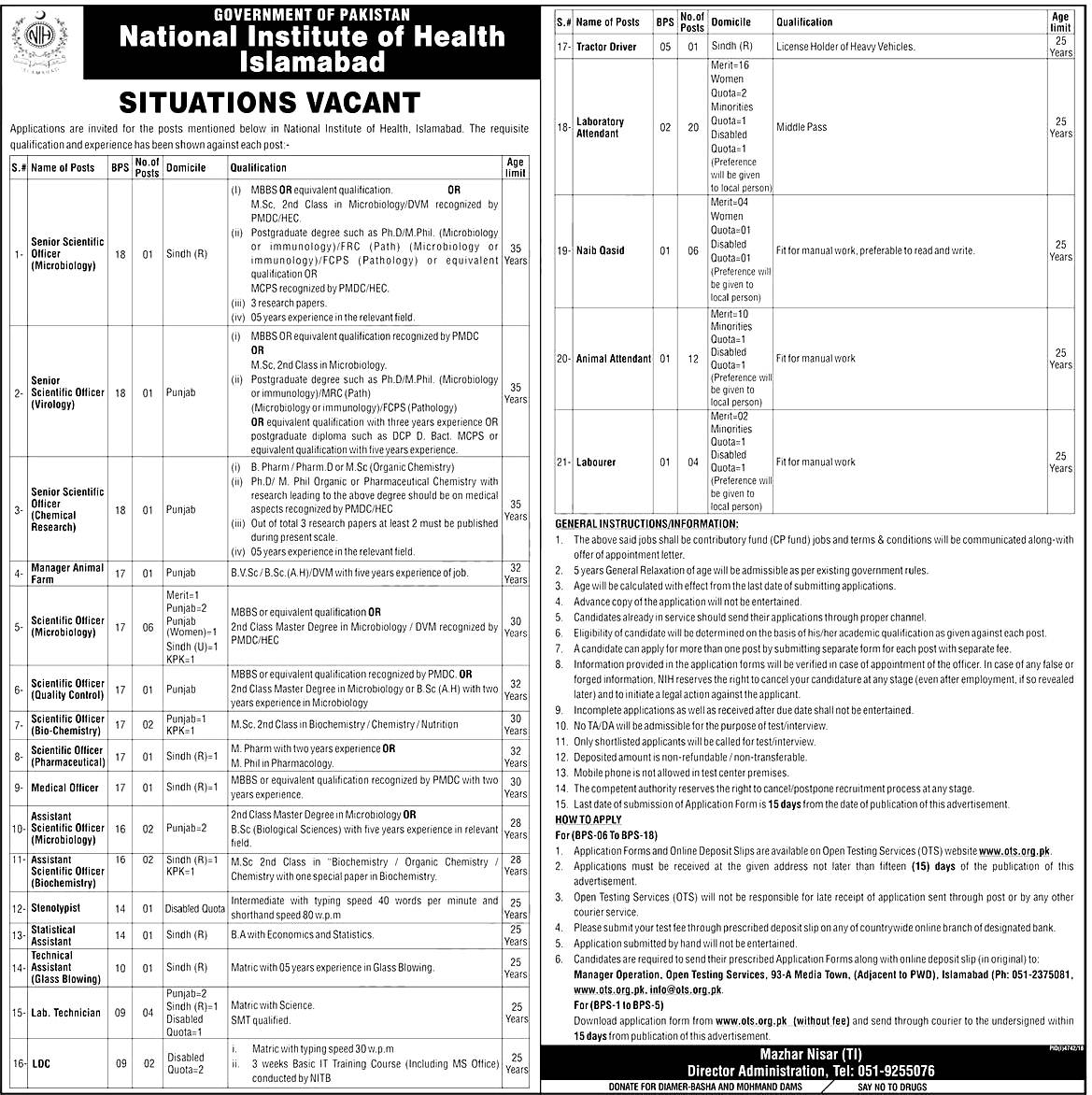 National Institute of Health Islamabad NIH OTS Jobs 2019 Application Form Roll No Slips