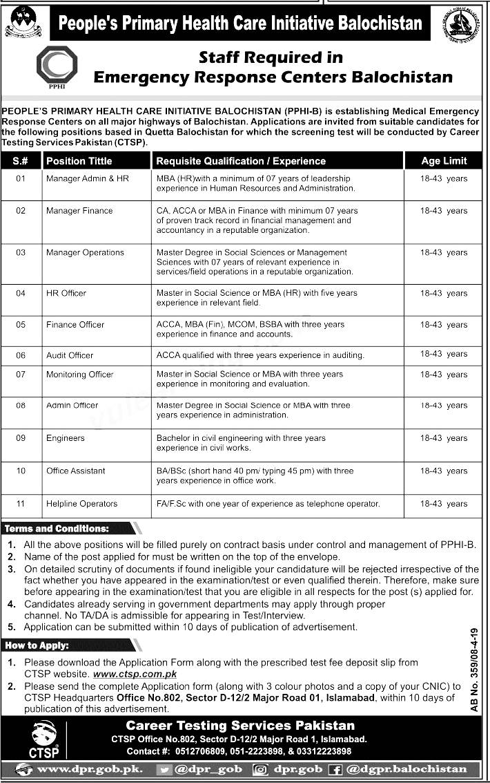 Peoples Primary Healthcare Initiative Balochistan Jobs 2019 CTSP Application Form