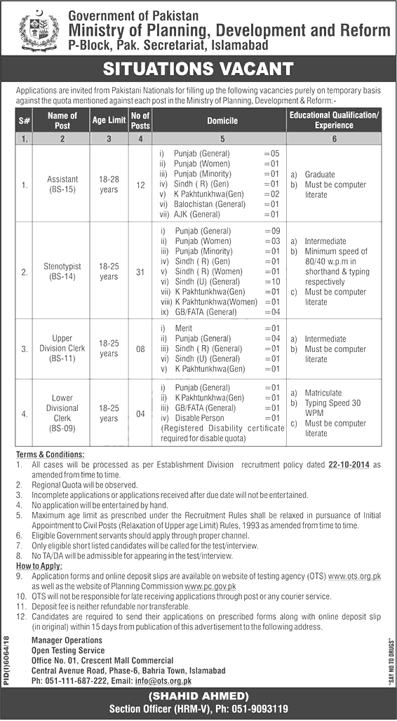 Ministry Of Planning Development and Reform OTS Jobs 2019 Application Form Online Roll No Slips