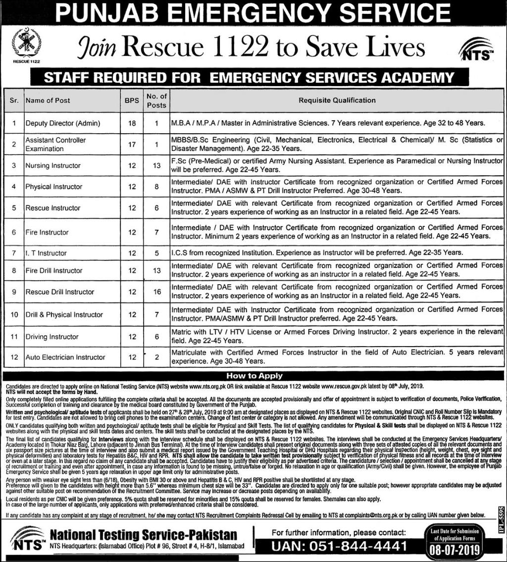 Rescue 1122 NTS Jobs 2019 Apply Online Roll No Slips Download