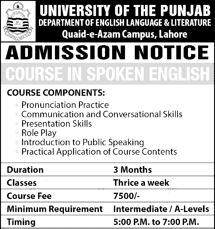 PU Spoken English Course 2019 Registration Online