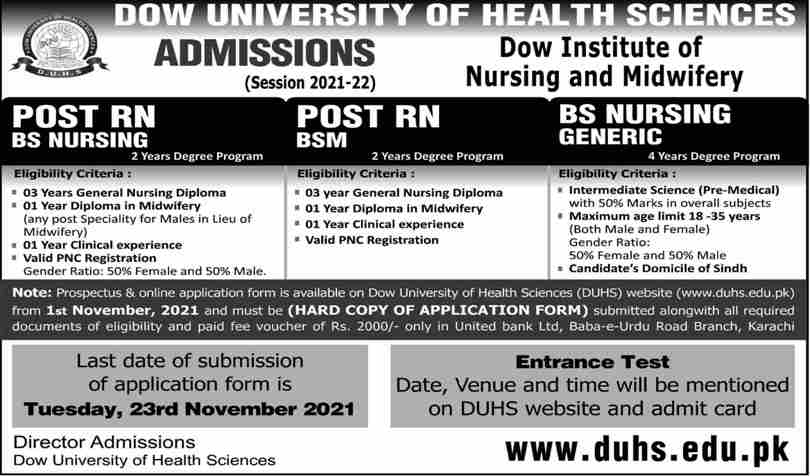 Dow University Admission 2021 Apply Online Last Date