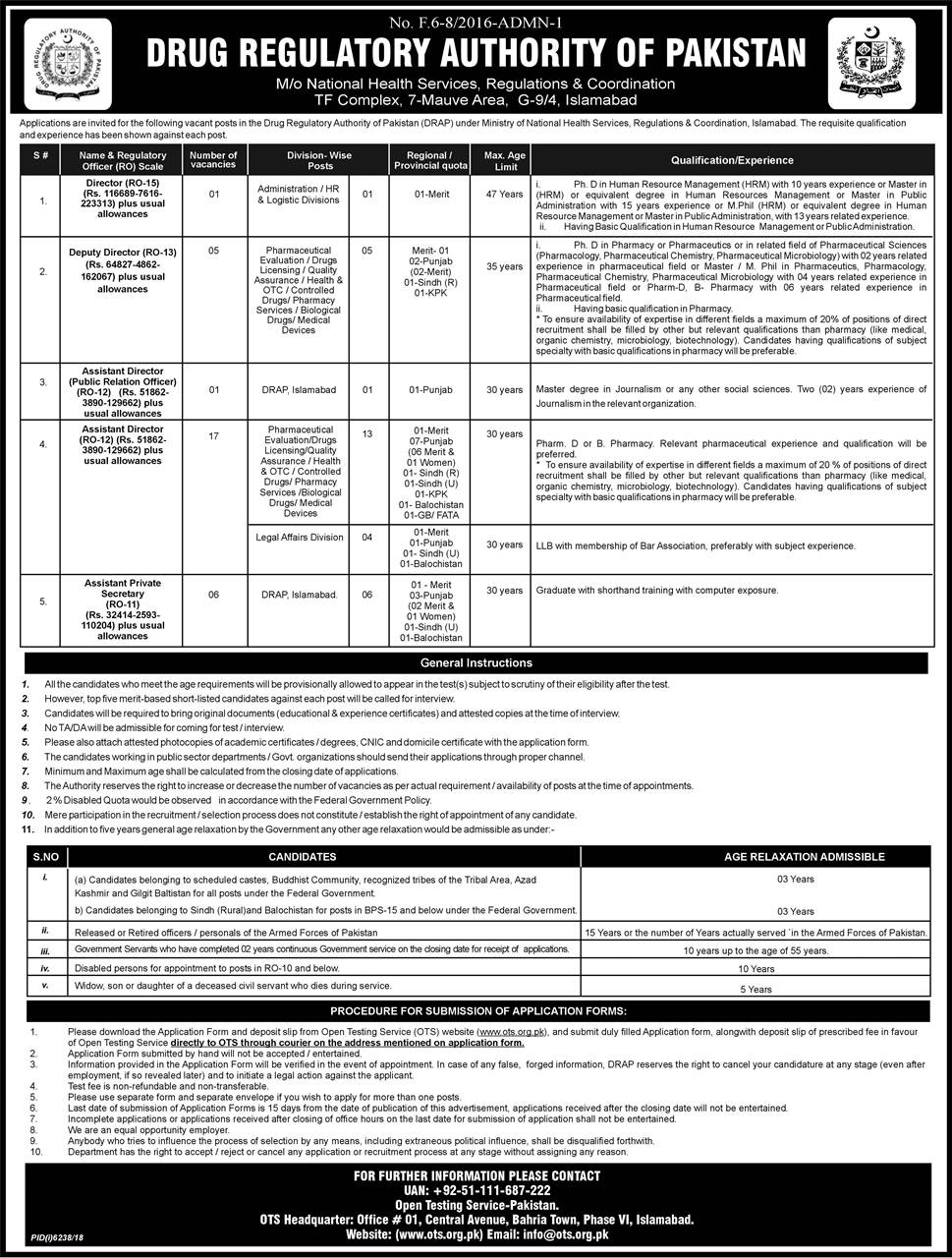 Drug Regulatory Authority of Pakistan OTS Jobs 2019 Online Application Form Roll No Slips