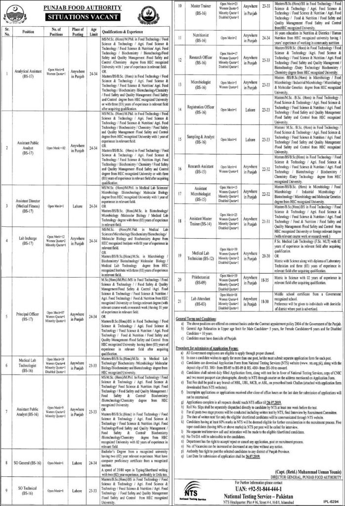 Punjab Food Authority NTS Jobs 2019 Download Form Online Roll No Slips