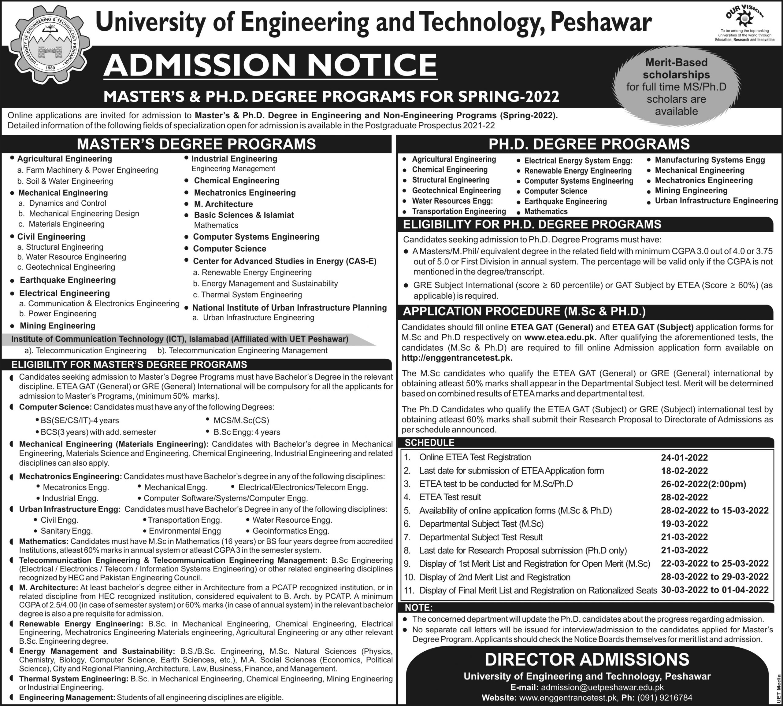 UET Peshawar Master & PhD Admission ETEA Test Schedule 2022 Online Apply Last Date