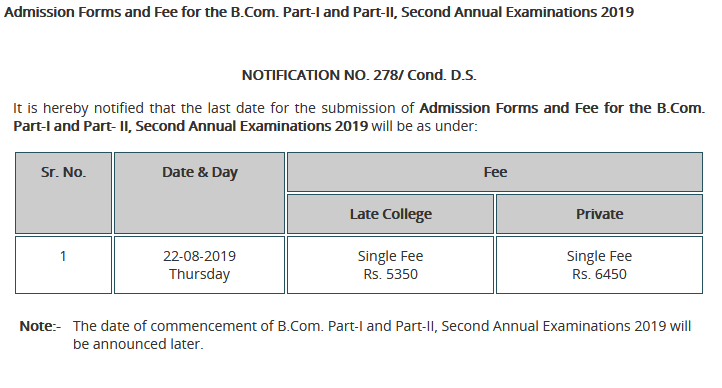 Punjab University BA/BSC Suplementary Exam Schedule 2019 Fee Structure