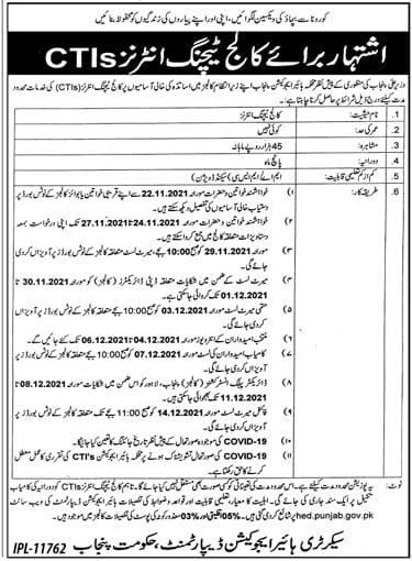 College Teacher Interne CTIs Jobs 2021 for All Punjab Districts