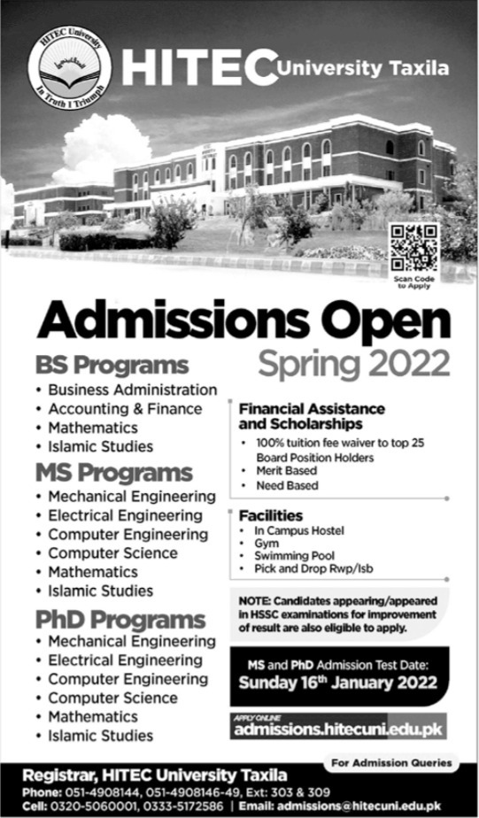HITEC Taxila University Admission 2023 Apply Online
