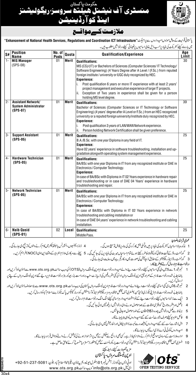 Ministry of National Health Services OTS Jobs 2019 Online Application Form