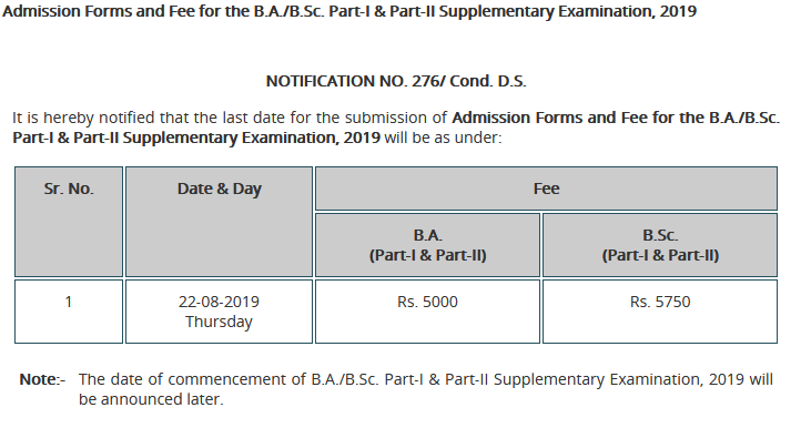 Punjab University BA/BSC Suplementary Exam Schedule 2019 Fee Structure