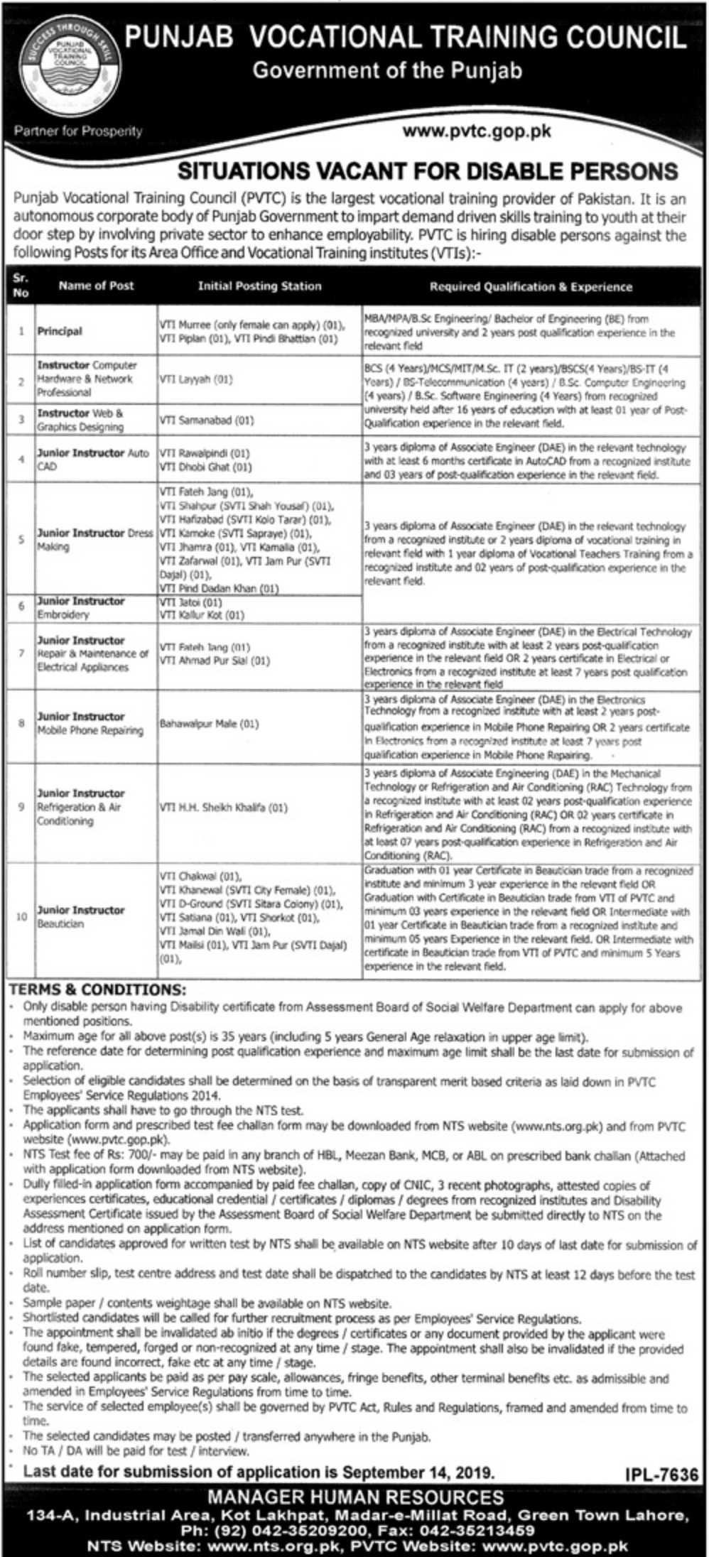 Punjab Vocational Training Council PVTC NTS Jobs 2019 Application Form