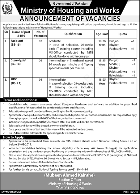 Ministry of Housing & Works Jobs NTS Test Roll Number Slips 2019