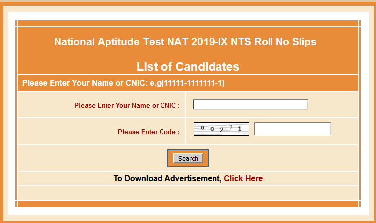 National Aptitude Test NAT 2019-IX NTS Roll No Slips Download Online