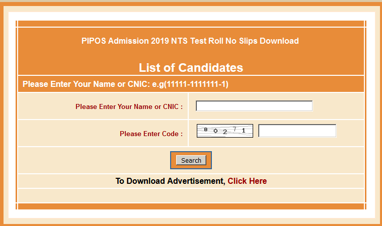 Pakistan Institute Of Prosthetics Orthotic Sciences Admission 2019 NTS Test Roll No Slips Download