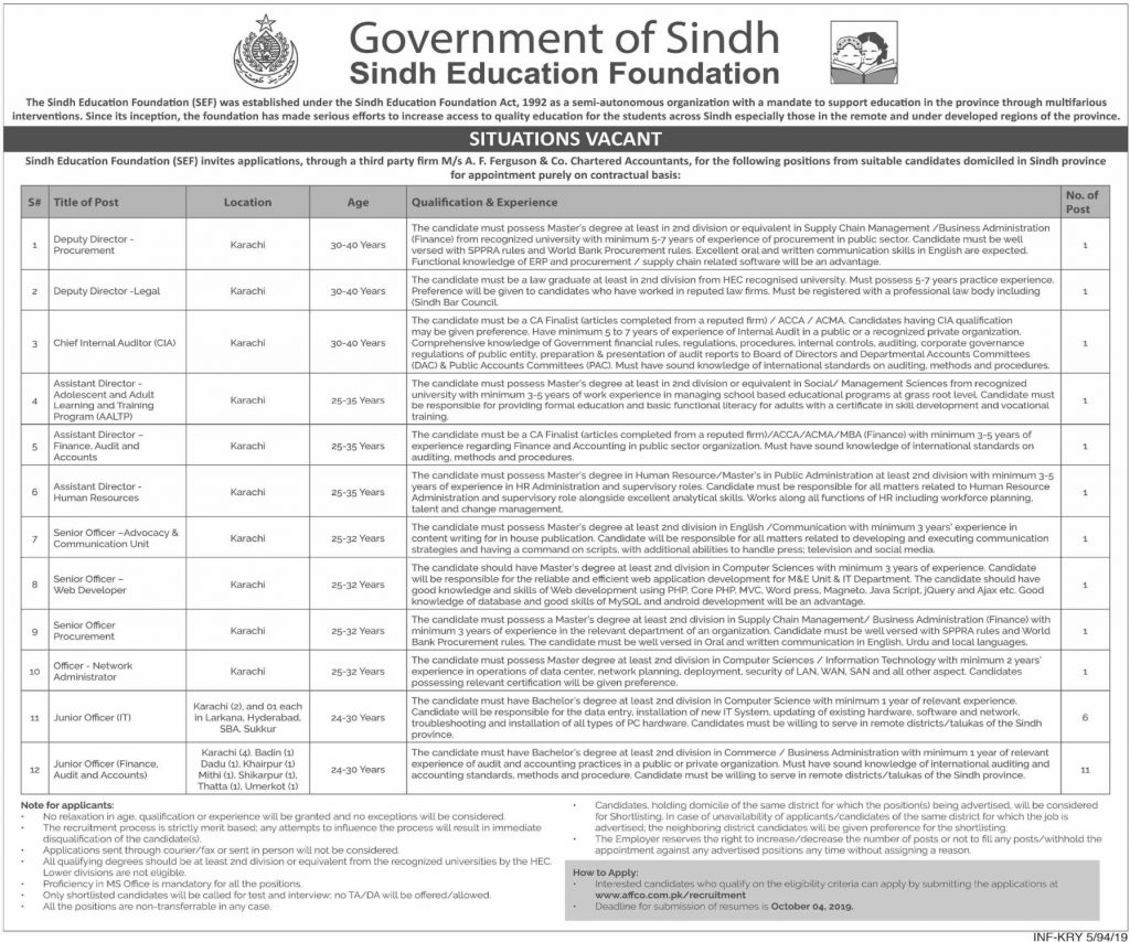 Sindh Education Foundation Jobs 2019 Registration Online