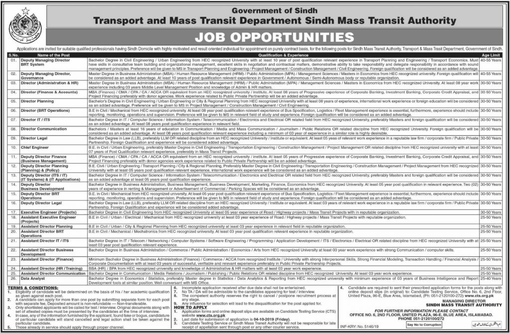 Sindh Mass Transit Authority Jobs 2019 CTS Application Form