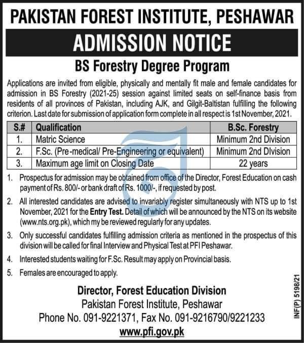 Pakistan Forest Institute BSc Admission 2021 NTS Application Form