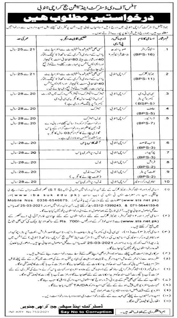 District and Session Court Malir STS Jobs 2021 Online Form Download