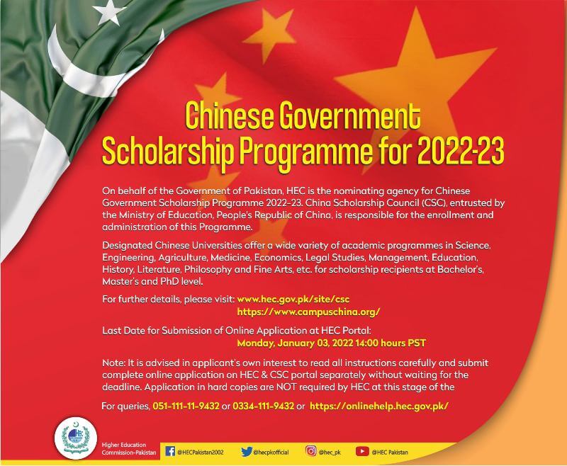 HEC Chinese Govt Scholarships 2022 Apply Online