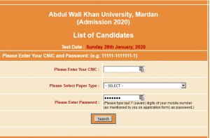 Abdul Wali Khan University Mardan Admission NTS Roll No Slip 2021