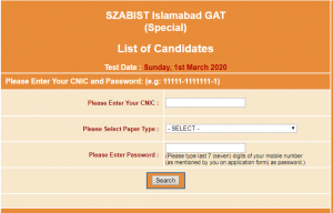 SZABIST Islamabad GAT Test NTS Roll Number 2021