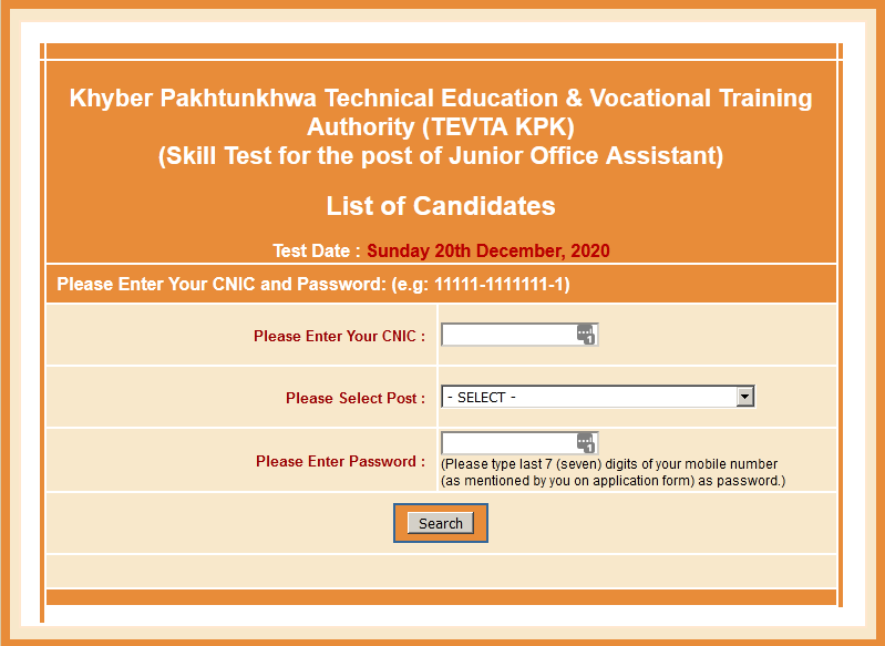 KPK TEVTA Jobs Skill Test NTS Roll No Slip 2021 Download Online