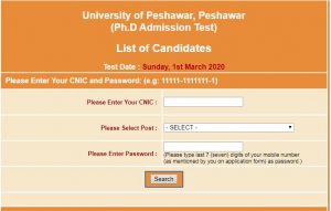 University of Peshawar PhD Admission NTS Test Roll No Slip 2021