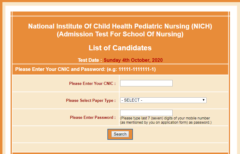 National Institute of Child Health Karachi Admission 2021 NTS Roll Number Slips Online Download