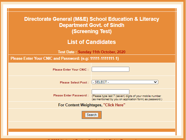 Directorate General (M&E) Sindh School Education Literacy Department Jobs NTS Test Results 2021