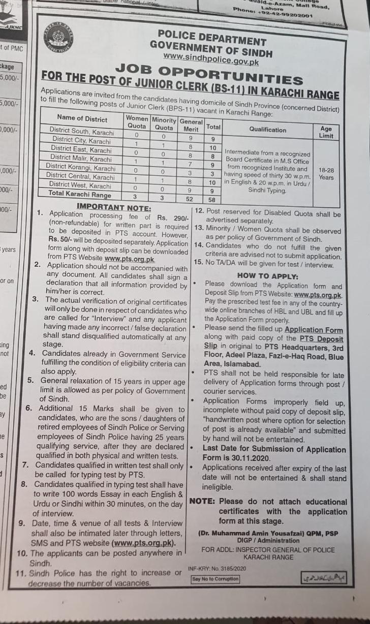 Sindh Police Karachi & Sukkur Range Junior Clerk PTS Jobs 2021 Application Form Roll No Slips
