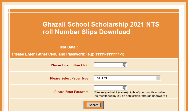 Ghazali School Scholarship 2021 NTS roll Number Slips Download