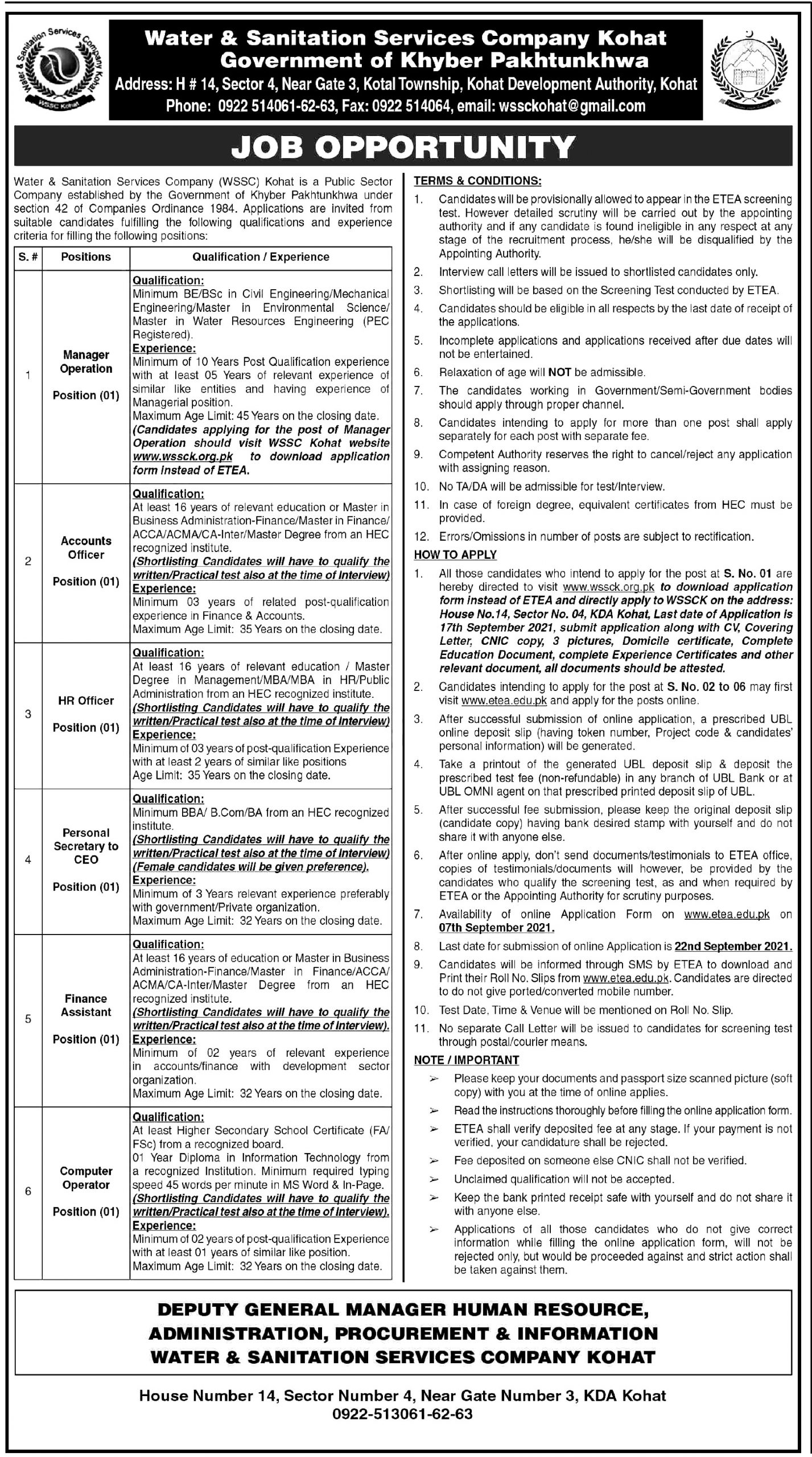 Water and Sanitation Services Kohat Jobs 2021 ETEA Application Form