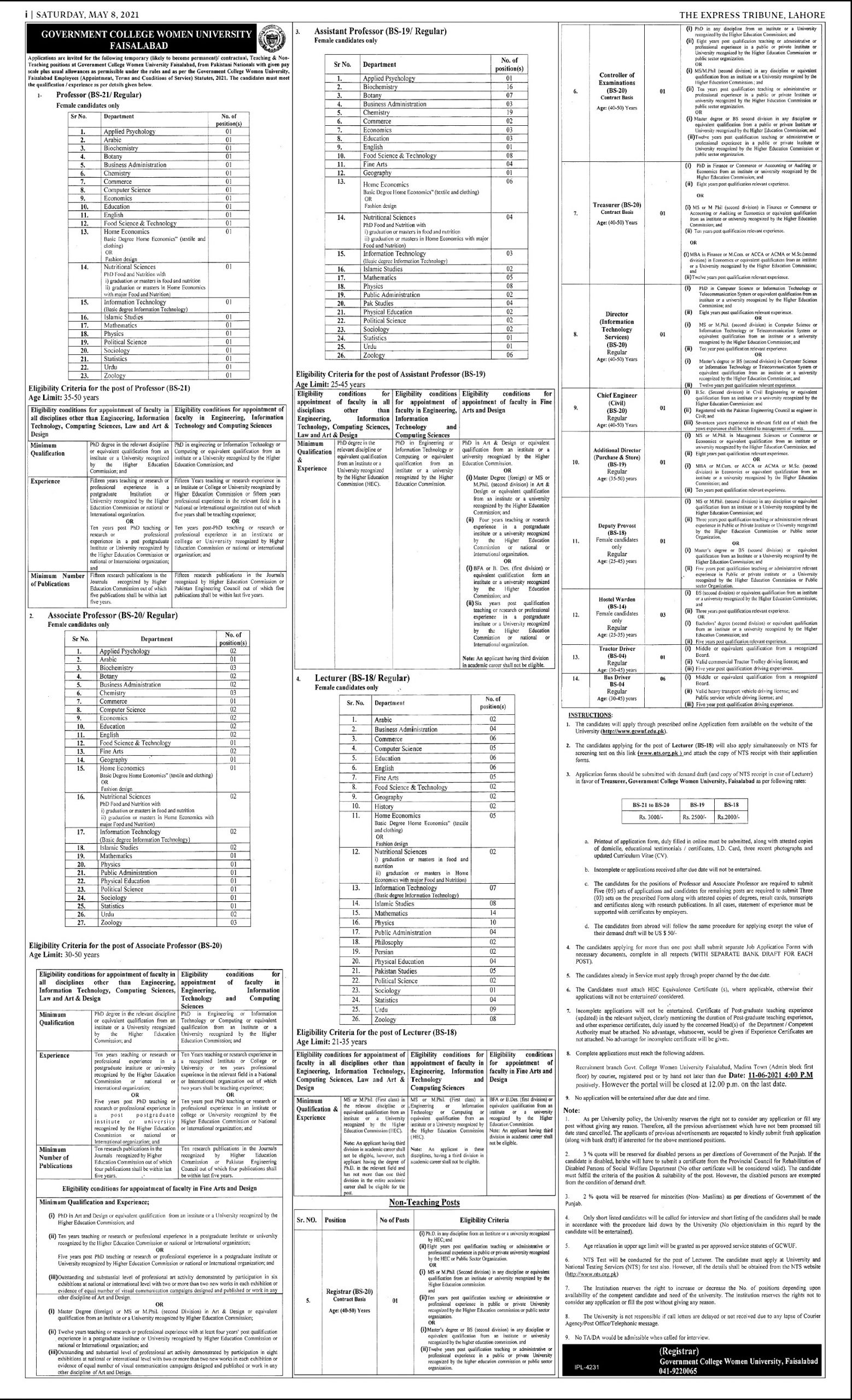 GC University Faisalabad NTS Jobs 2021 Registration Online Roll No Slips