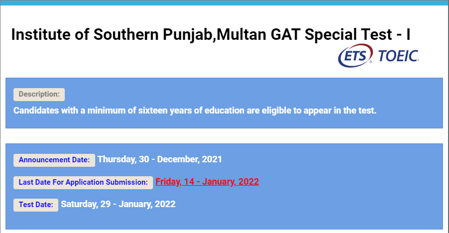 ISP Multan Admission Test NTS Result 2022 Check Online