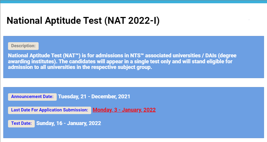 NTS NAT Test 2022-l Apply Online Roll No Slip