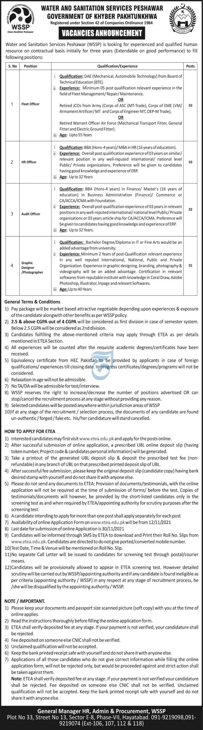 KPK WSSP Peshawar ETEA Jobs 2021 Application Form