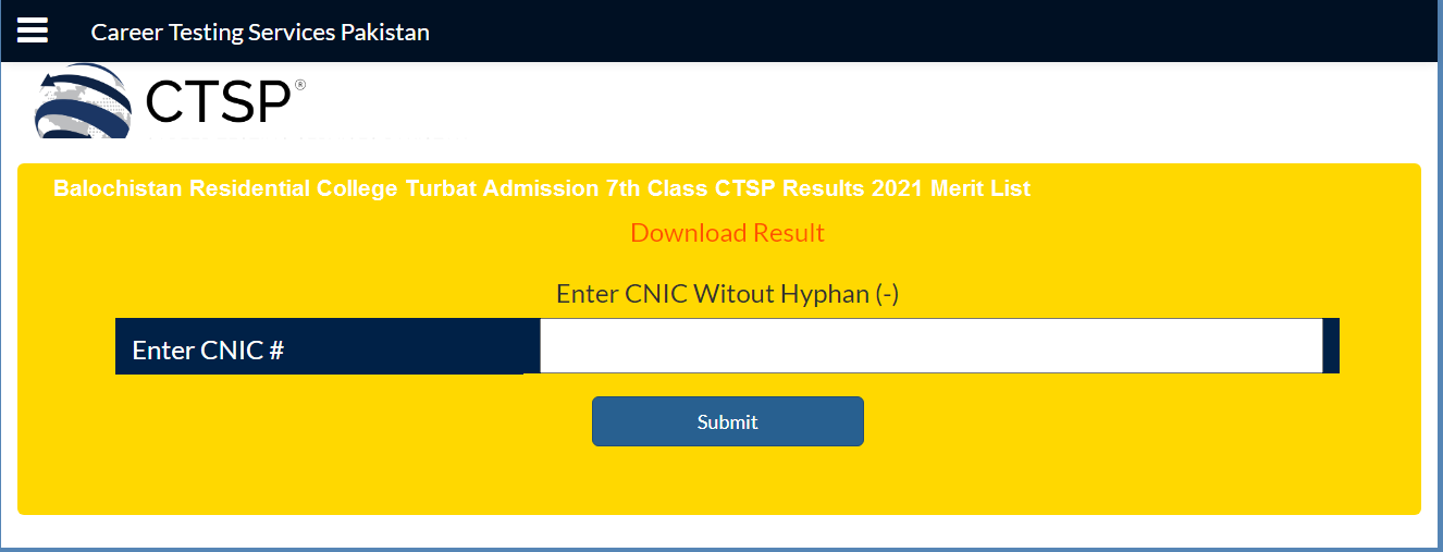 BRC Turbat Admission 7th Class CTSP Results 2021 Merit List