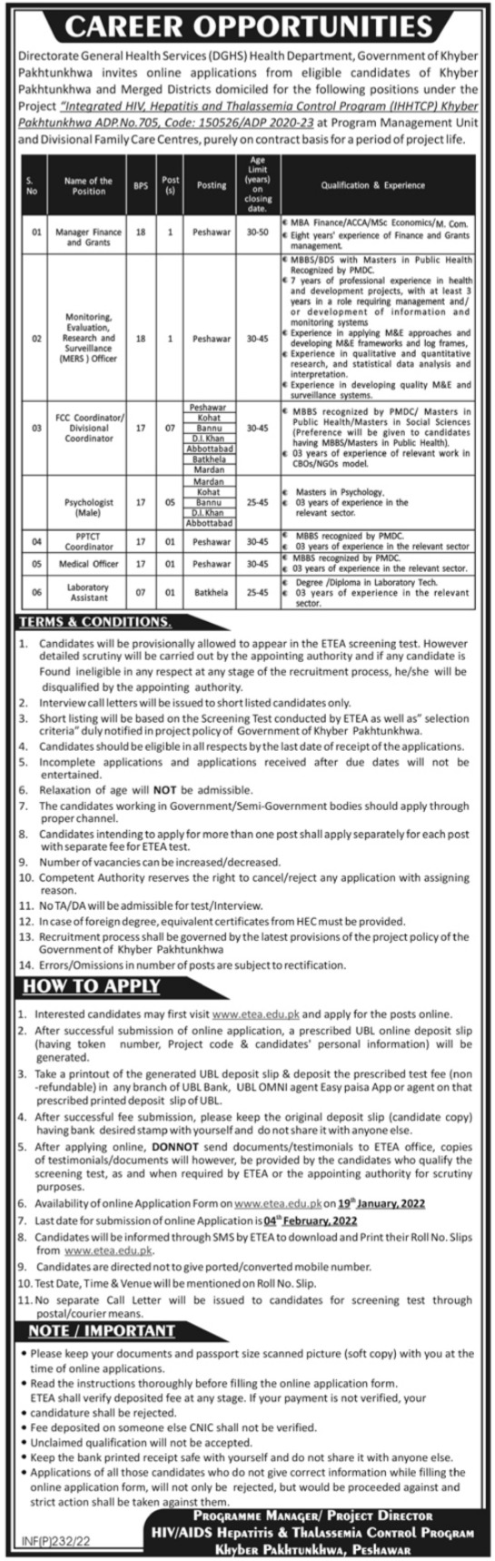Directorate General Health Services Peshawar ETEA Jobs 2022 Apply Online