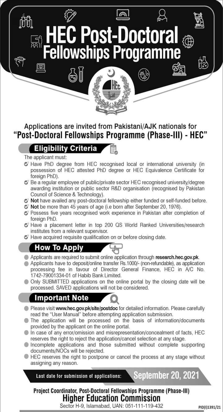 HEC Post Doctoral Fellowship Phase lll 2021 Apply Online Eligibility Criteria