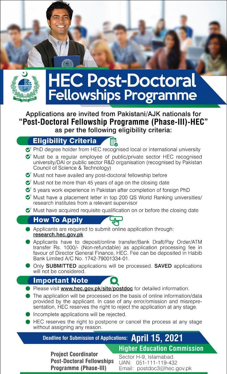 HEC Post Doctoral Fellowship Phase lll 2021 Apply Online Eligibility