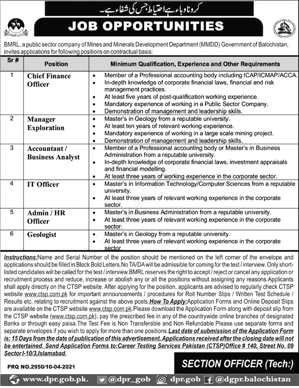 Balochistan Mineral Resource Limited BMRL Jobs 2021 CTSP Application Forms