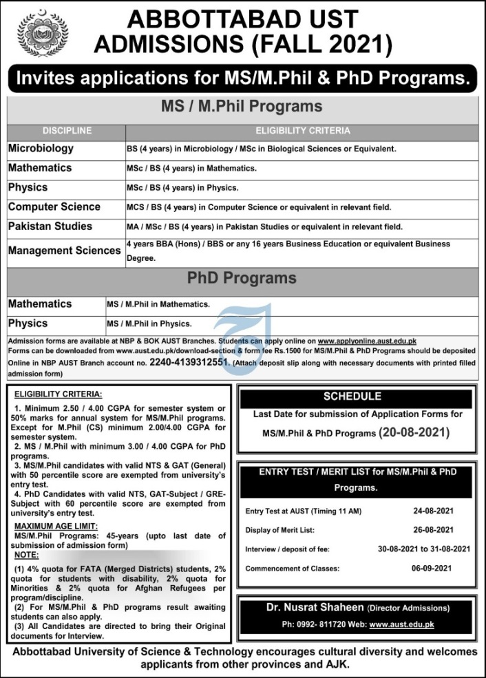 AUST MS/M.Phil and PhD Programs admissions 2021 Registration Online