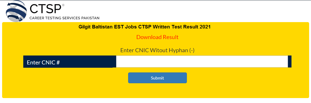 Gilgit Baltistan EST Jobs CTSP Written Test Result 2021 Check Online By CNIC No